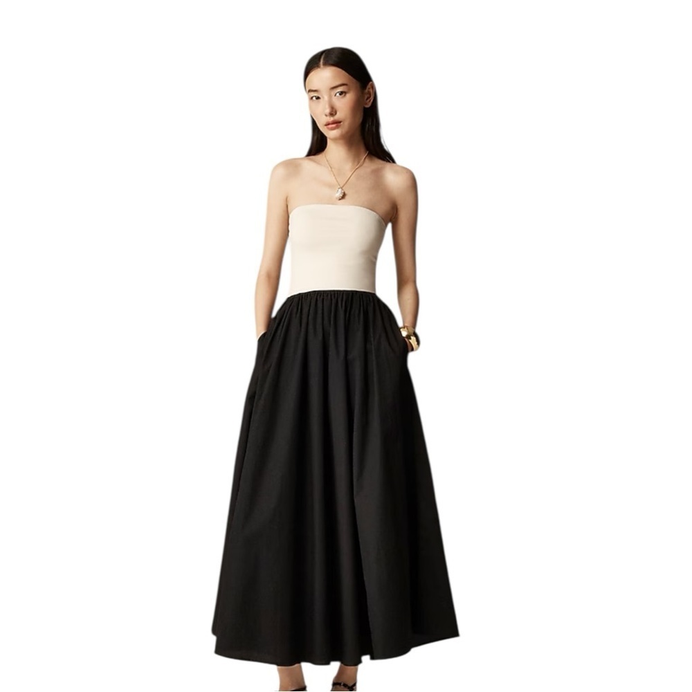 J Crew Colorblock Strapless Mixi Dress Maxi Length Womens Size M Black and Ivory